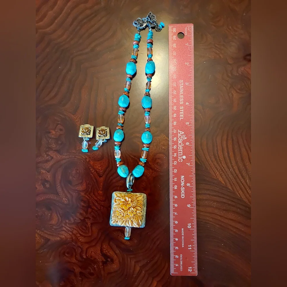 Chico's Blue and Brown Pendant Necklace and Earring Set - Picture 6 of 6